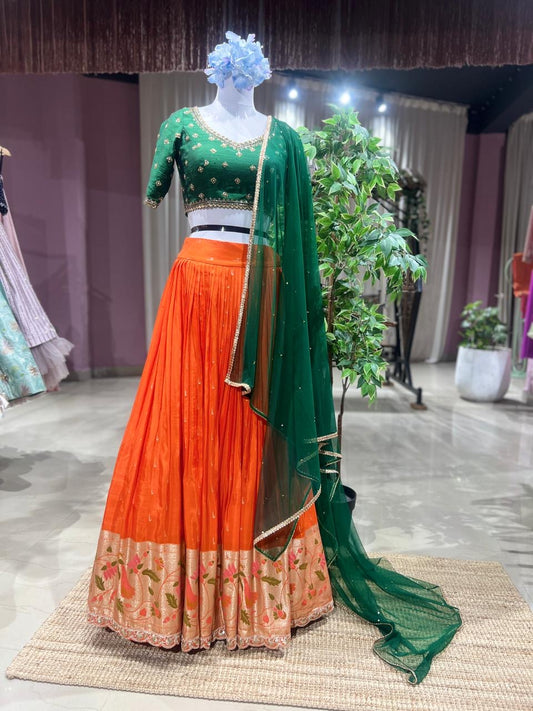 Scarlet Bloom – Aqua & Orange Lehenga in Russian Silk with Net Dupatta | Vinisha Rao Studio