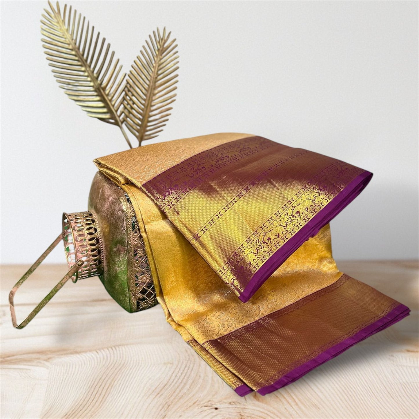 Golden Kanchi Pattu Saree with Purple Border