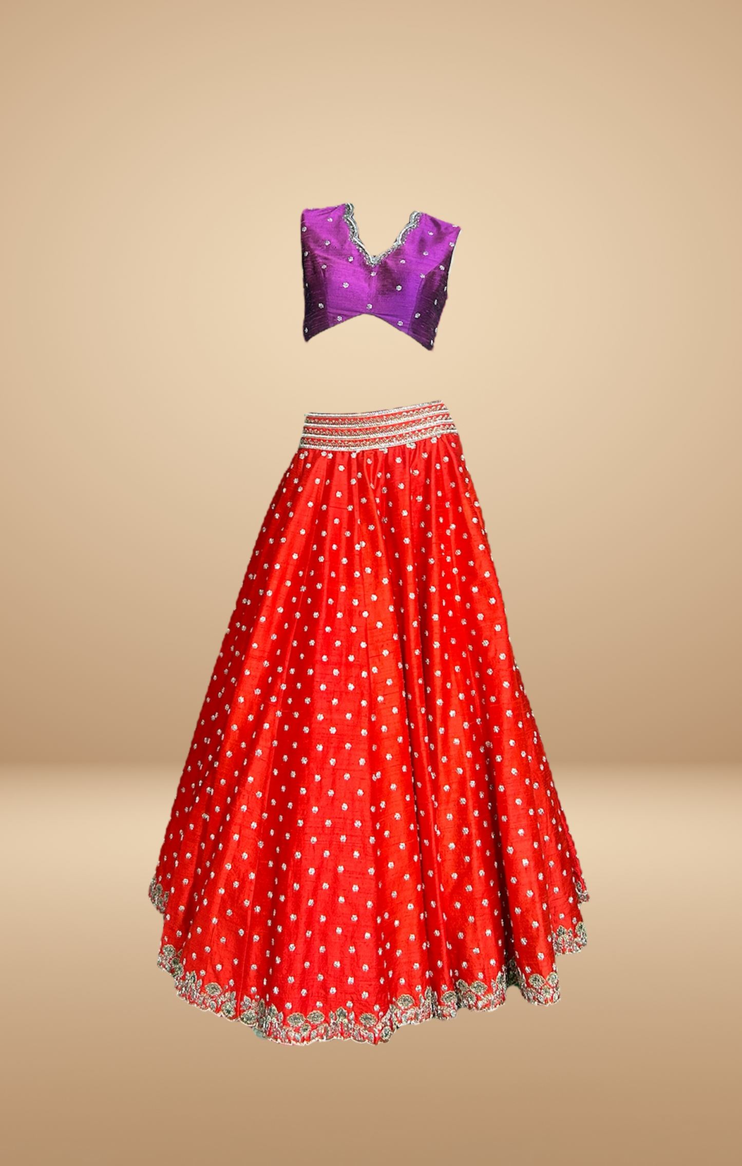 Red Lehenga Set with Aqua Green Dupatta and Purple  Blouse