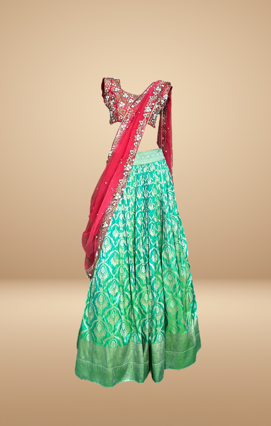 Elegant Green and Red Embroidered Lehenga Set