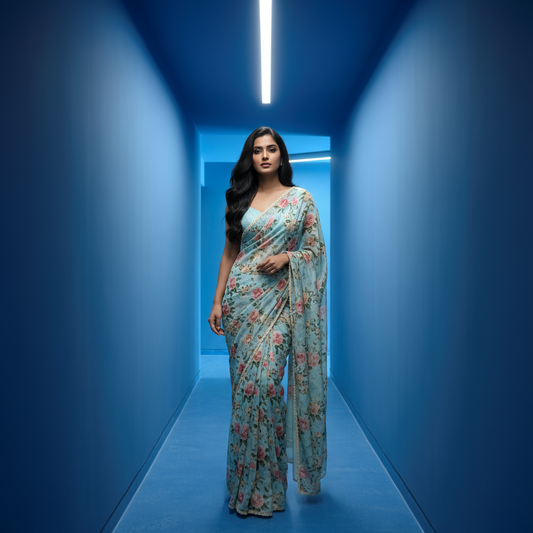 Azure Blossom Saree Ensemble (Georgette Saree)