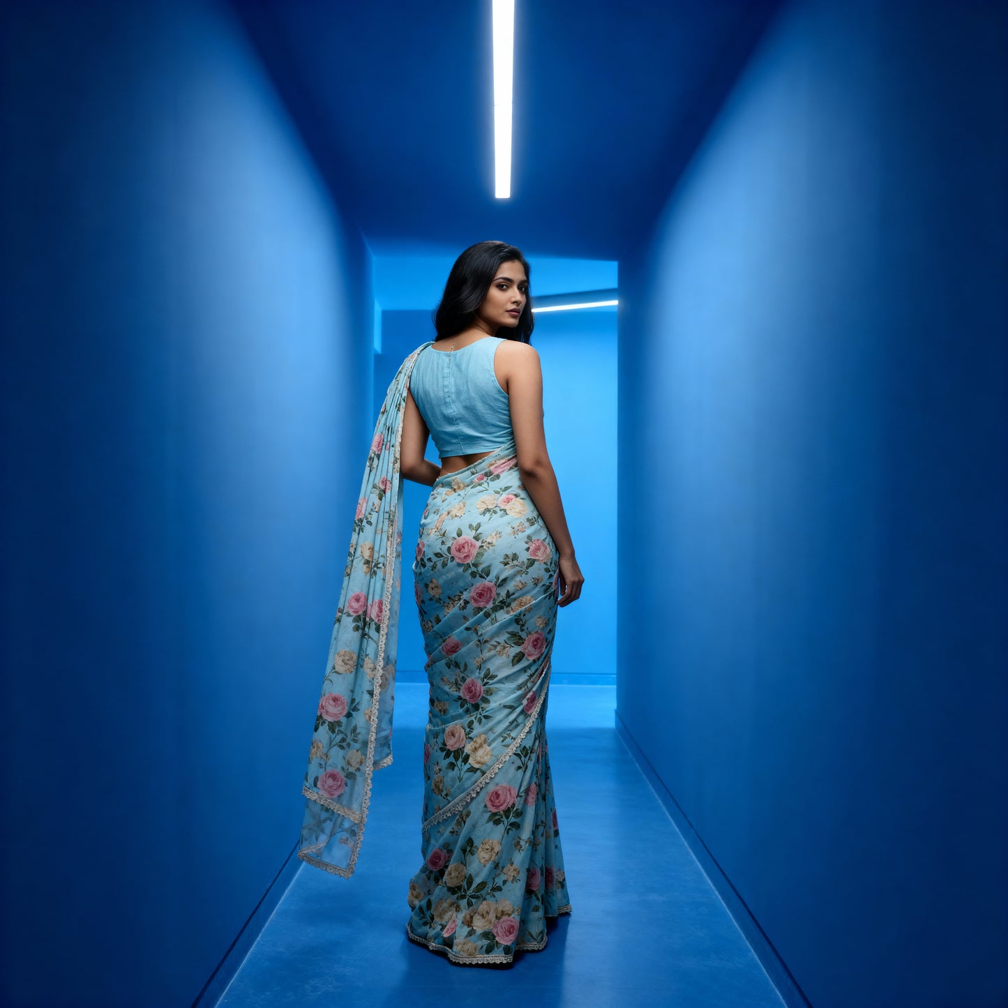 Azure Blossom Saree Ensemble (Georgette Saree)