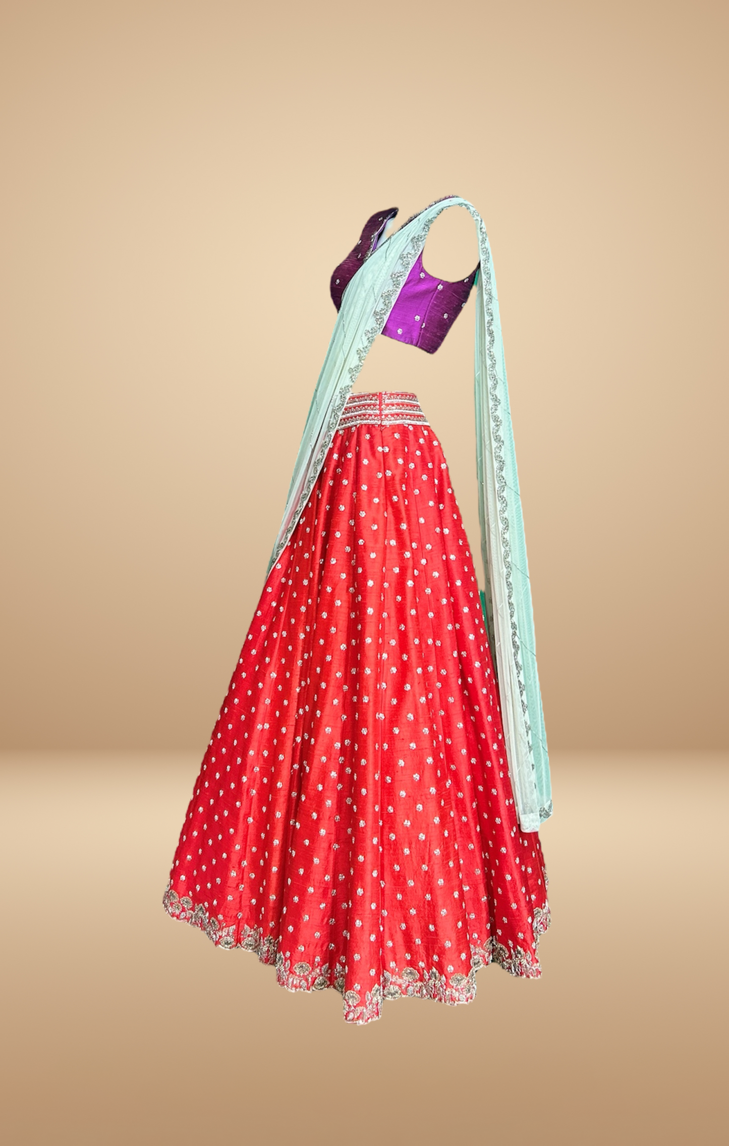 Red Lehenga Set with Aqua Green Dupatta and Purple  Blouse