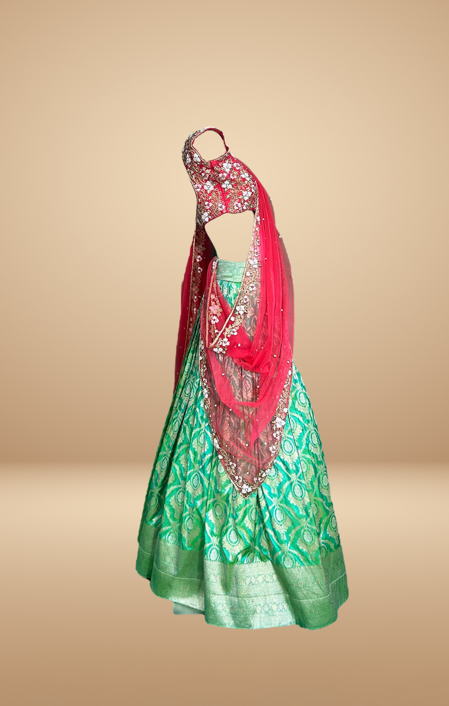 Elegant Green and Red Embroidered Lehenga Set