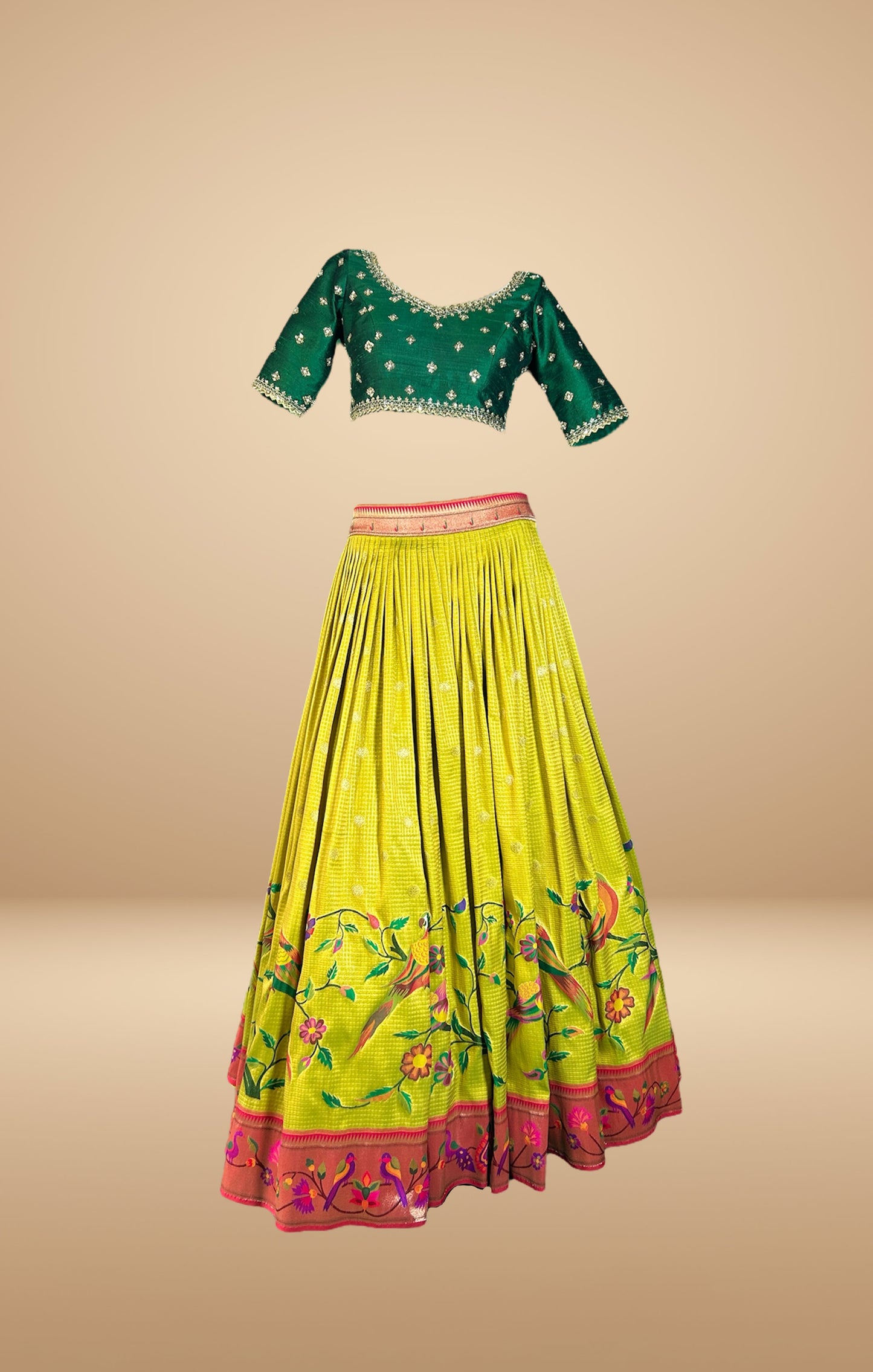 Green and Lime Lehenga Set with Hand-Embroidered Floral Motifs