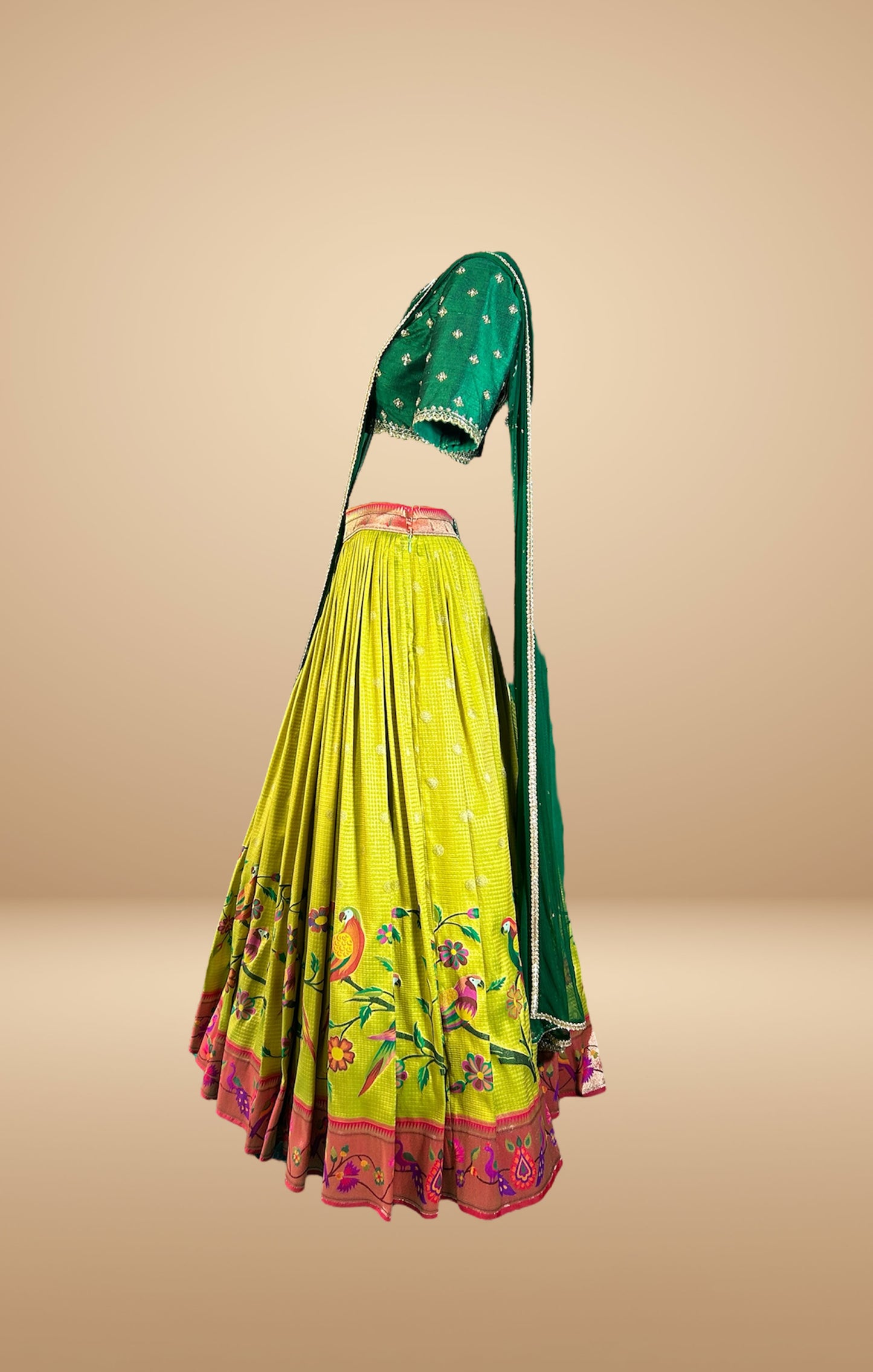 Green and Lime Lehenga Set with Hand-Embroidered Floral Motifs