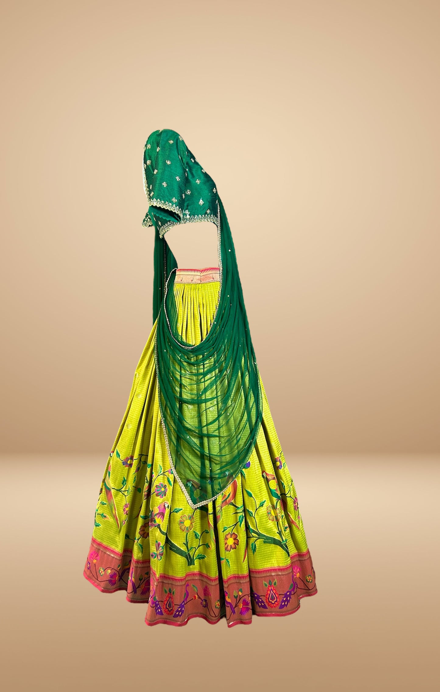 Green and Lime Lehenga Set with Hand-Embroidered Floral Motifs