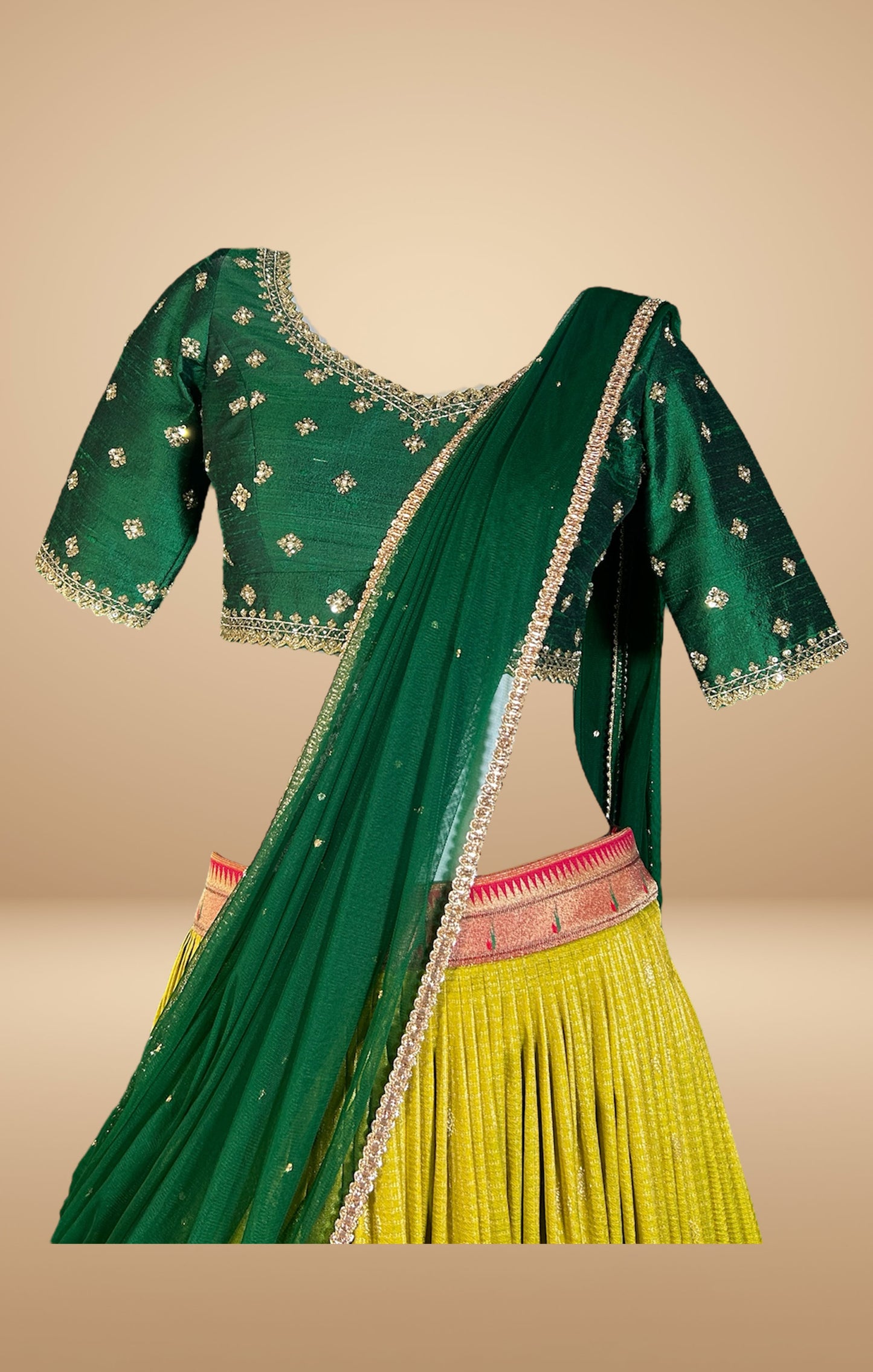 Green and Lime Lehenga Set with Hand-Embroidered Floral Motifs