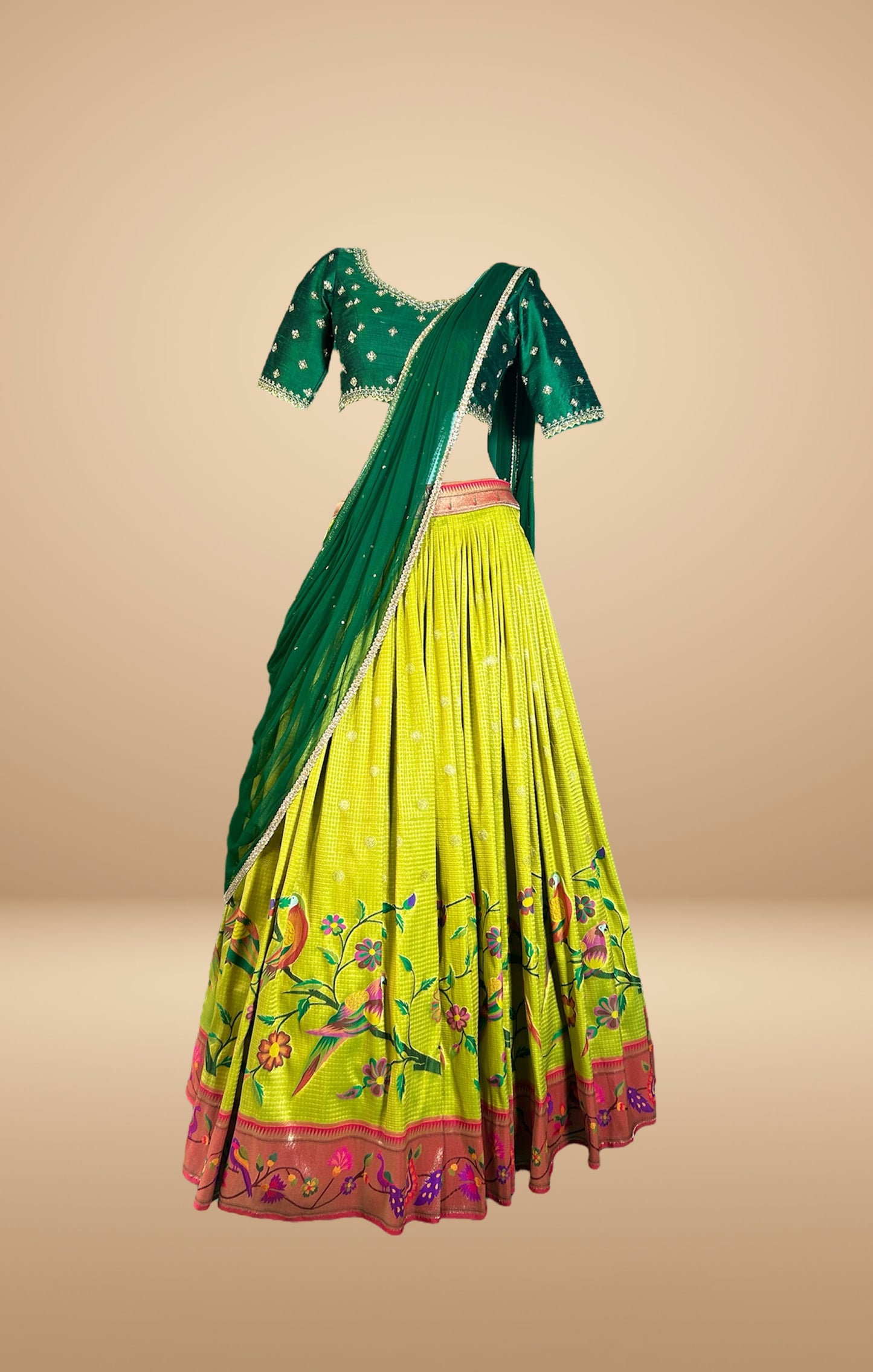 Green and Lime Lehenga Set with Hand-Embroidered Floral Motifs