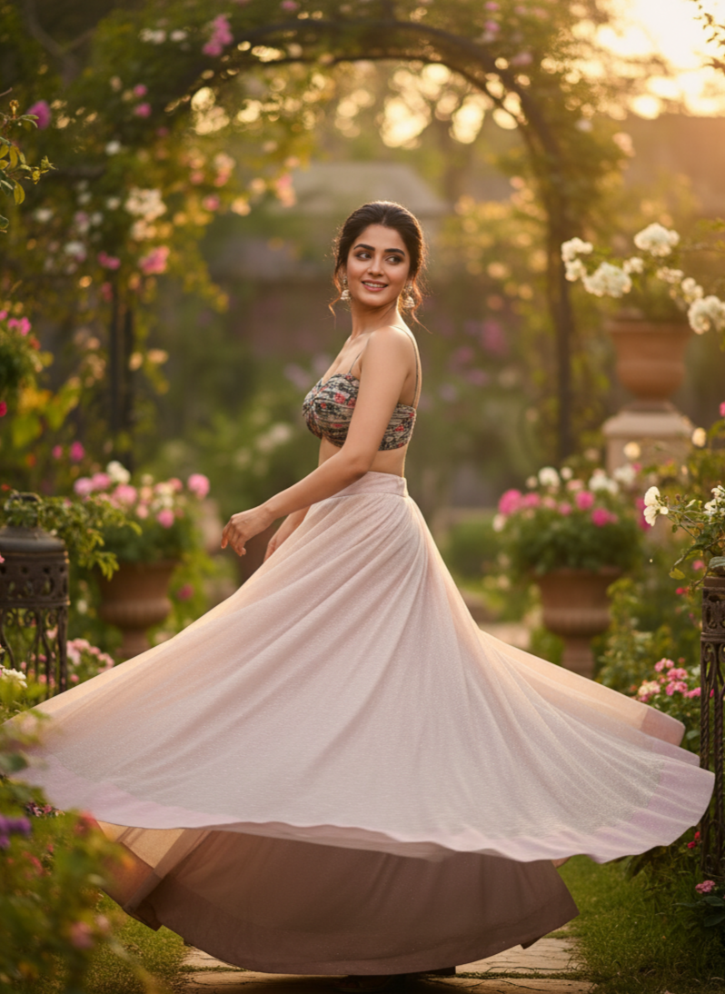 Radiant Bloom Lehenga Ensemble (Organza Crop Top and Georgette Lehenga)