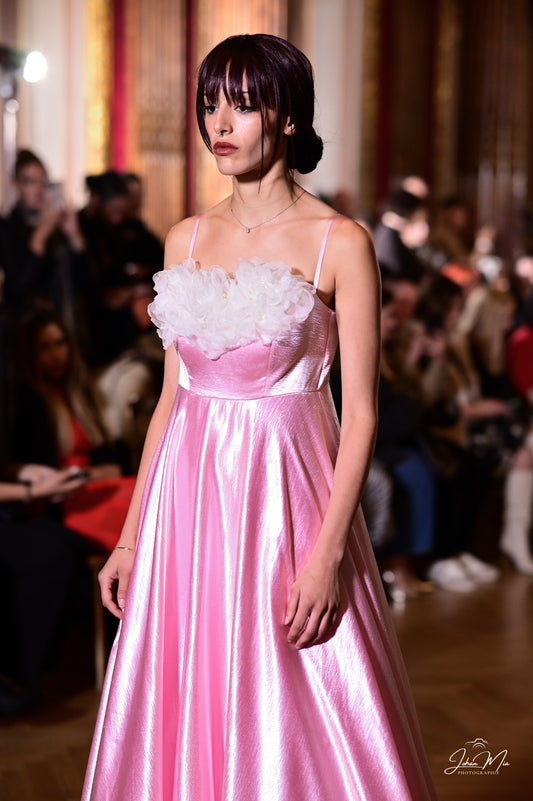 Radiant Pink Satin Gown with Floral Bodice Detail