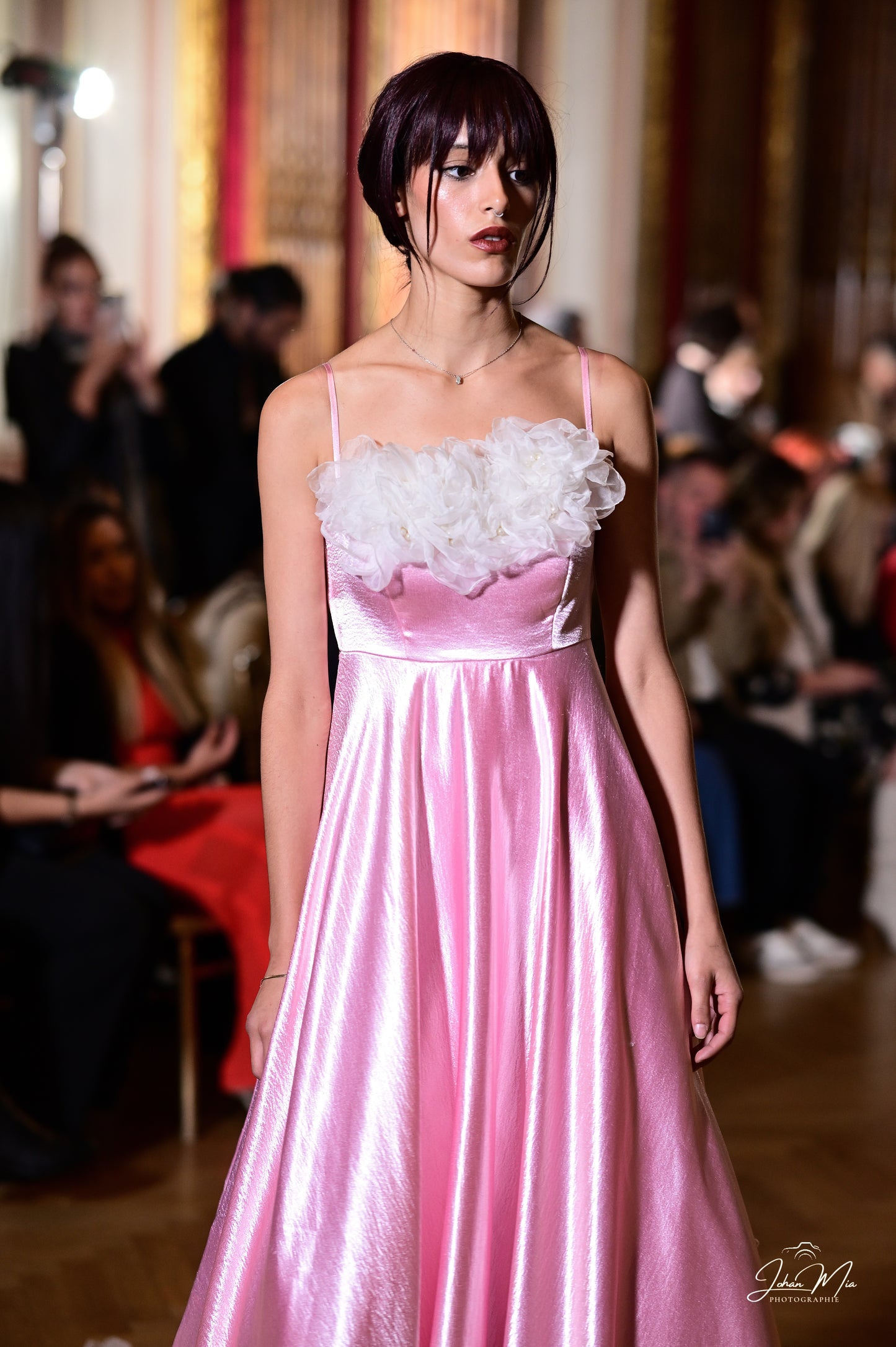 Radiant Pink Satin Gown with Floral Bodice Detail