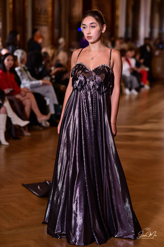 Sleek Black Metallic Gown with Textured Bodice Detailing