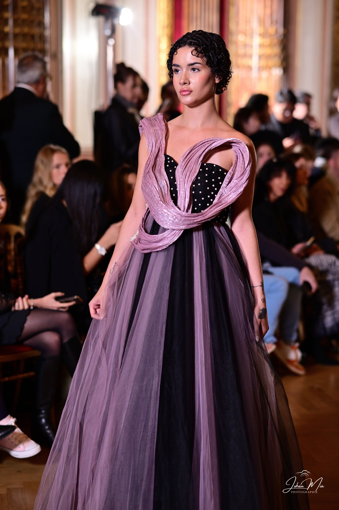 Avant-Garde Black and Lilac Pearl-Embellished Tulle Gown with Draped Lilac Detail