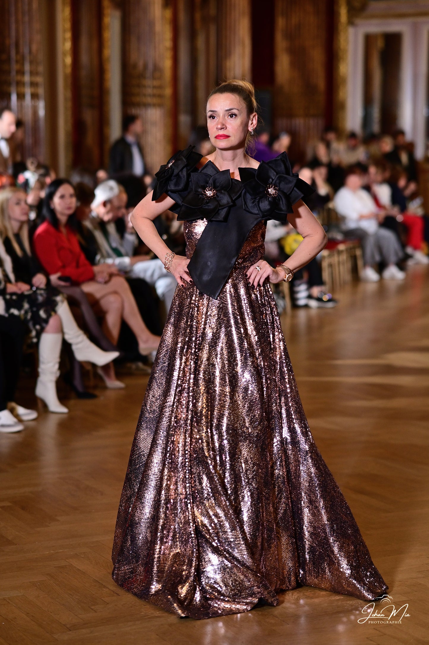 Dazzling Bronze Sequin Gown with Black Floral Shoulder Embellishment