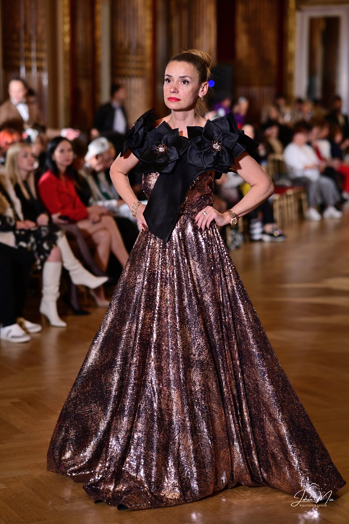 Dazzling Bronze Sequin Gown with Black Floral Shoulder Embellishment