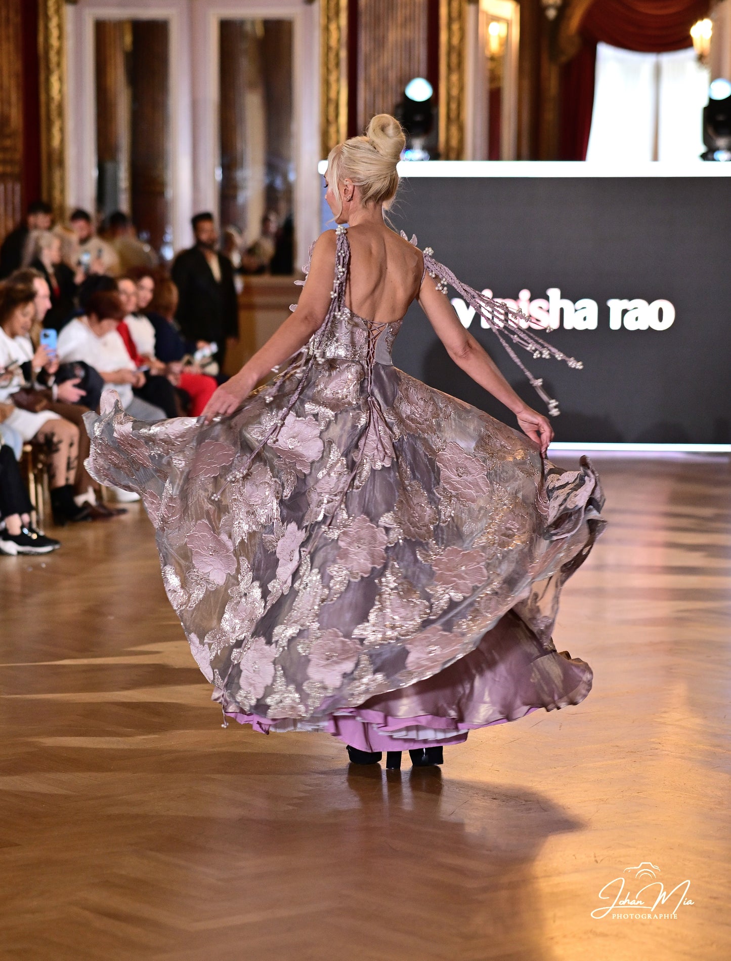 Ethereal Lavender Floral Appliqué Gown with Flowing Layers