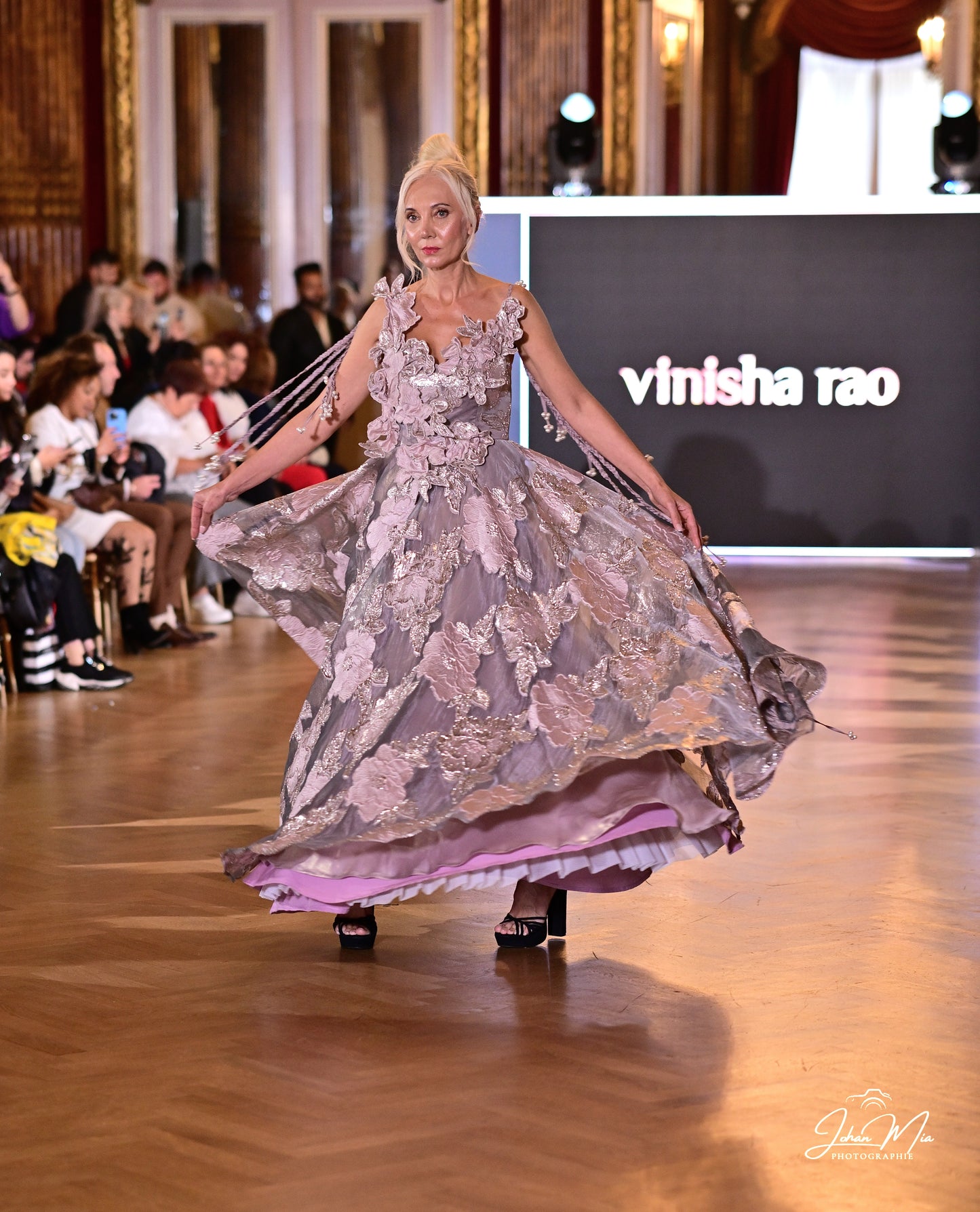Ethereal Lavender Floral Appliqué Gown with Flowing Layers
