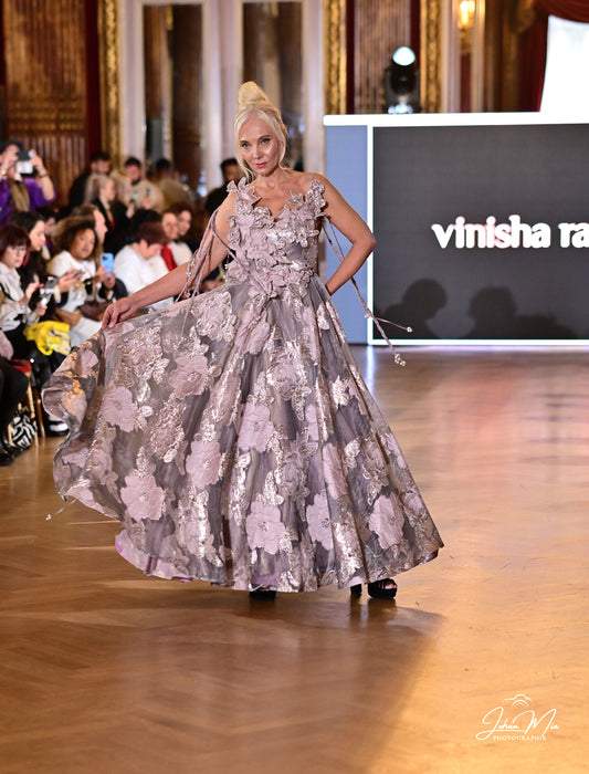 Ethereal Lavender Floral Appliqué Gown with Flowing Layers