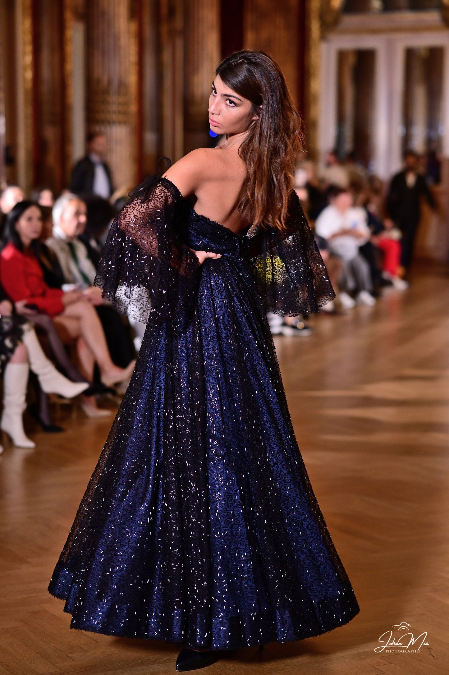 Midnight Starry Gown with Glittering Fabric and Dramatic Sleeves