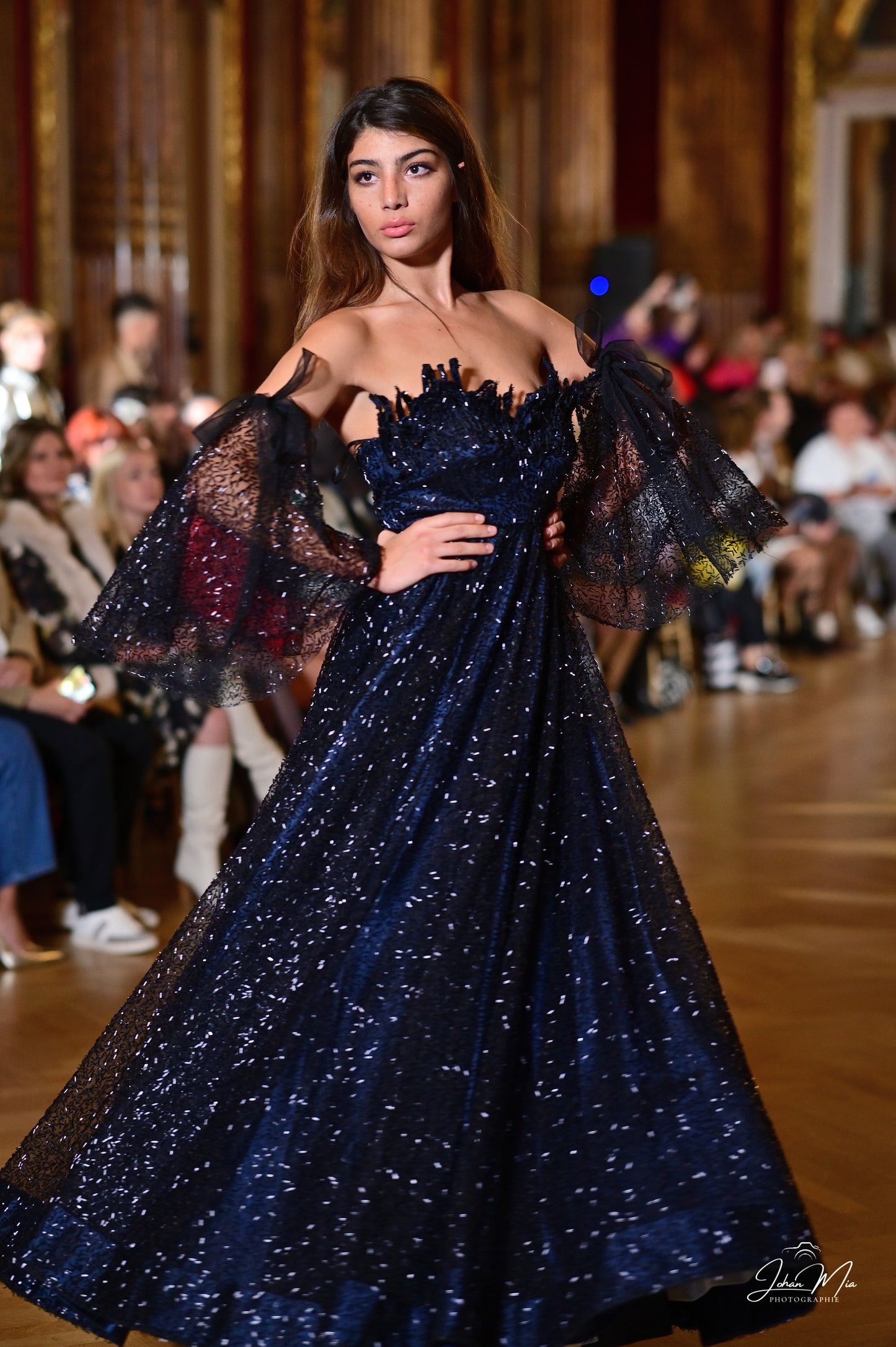 Midnight Starry Gown with Glittering Fabric and Dramatic Sleeves