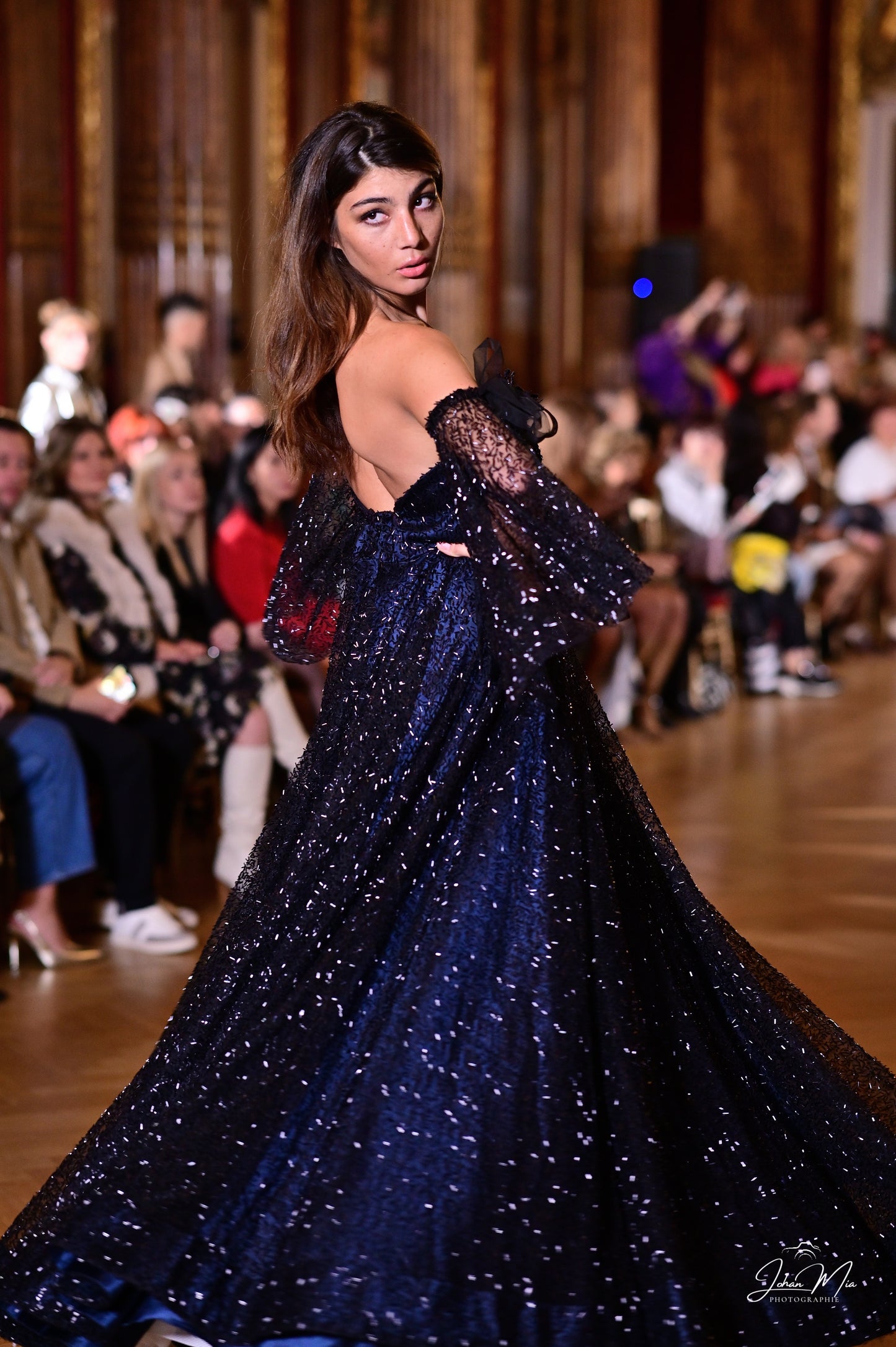 Midnight Starry Gown with Glittering Fabric and Dramatic Sleeves