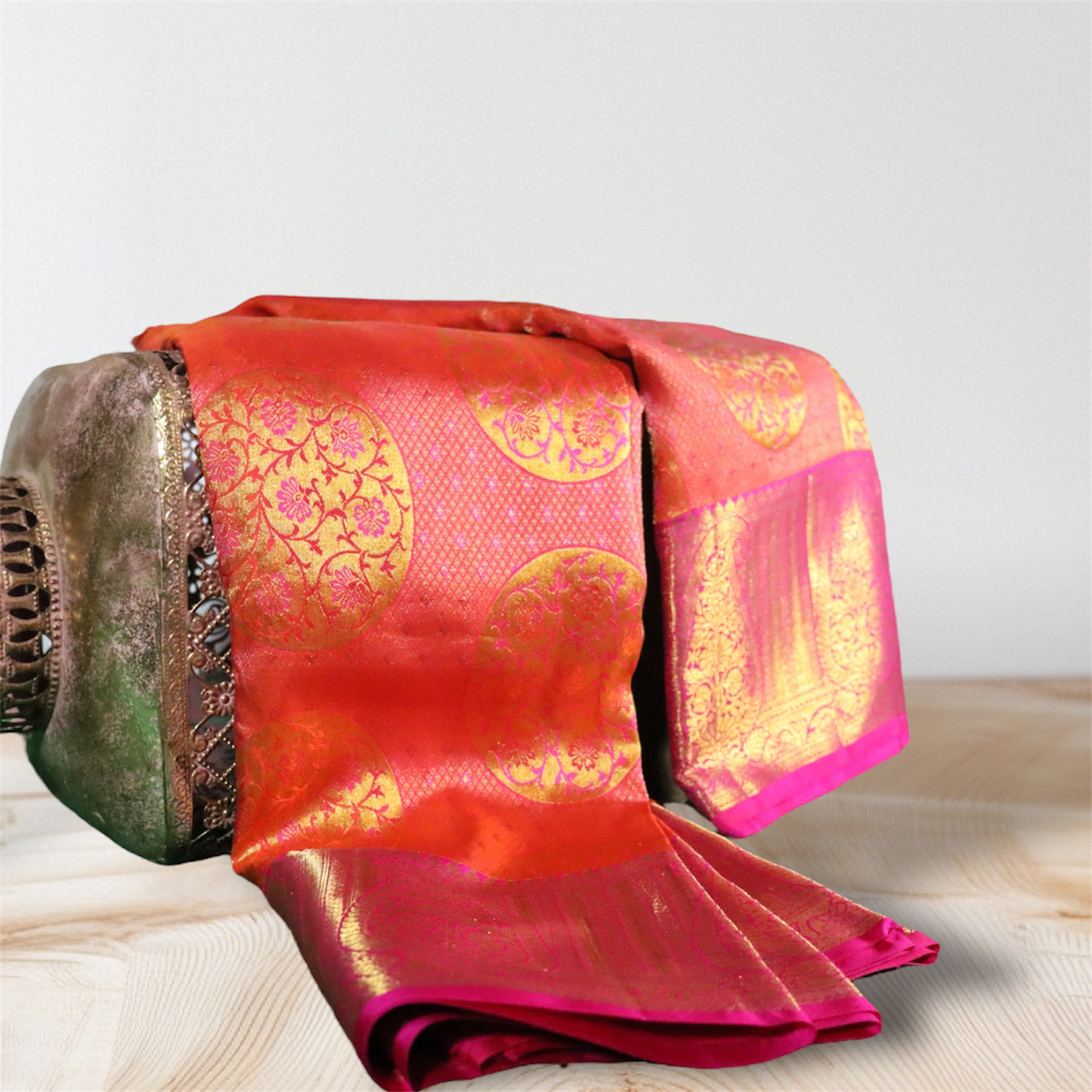 Exquisite Orange & Pink Kanjivaram Silk Saree with Intricate Gold Motifs