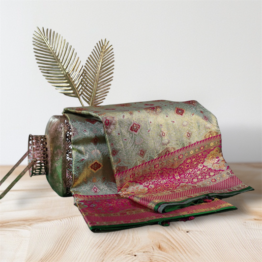 Exquisite Green & Pink Kanchi Silk Saree with Intricate Gold and Floral Motifs