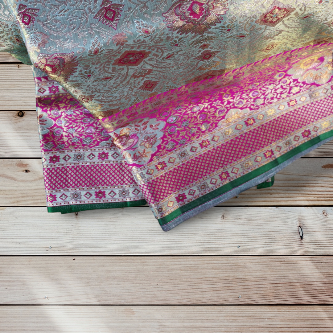 Exquisite Green & Pink Kanchi Silk Saree with Intricate Gold and Floral Motifs