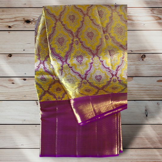 Opulent Yellow and Pink Kanchi Silk Saree with Rich Zari Design