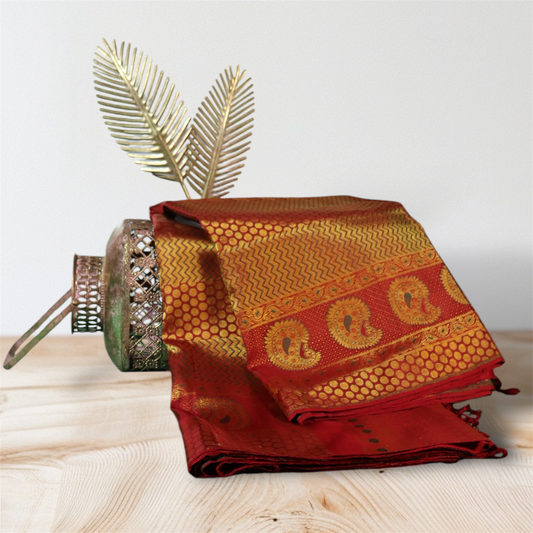 Regal Red and Gold Kanchi Silk Saree with Intricate Zari Motifs