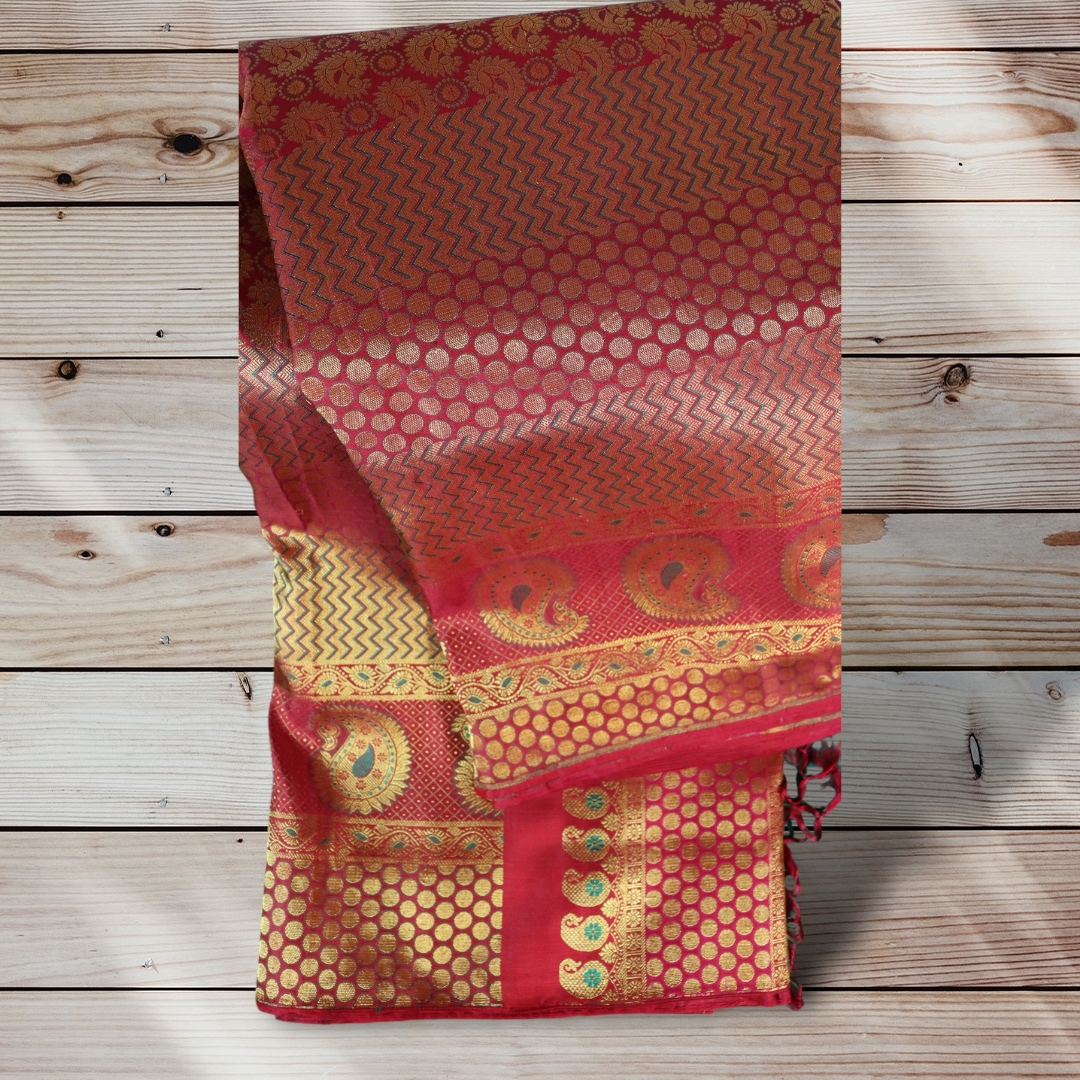 Regal Red and Gold Kanchi Silk Saree with Intricate Zari Motifs