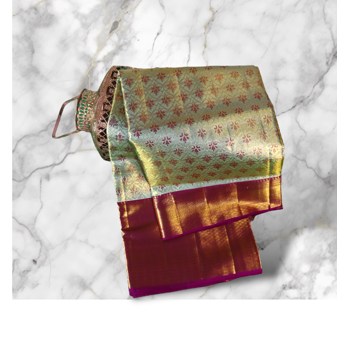 Elegant Green and Maroon Kanchi Silk Saree with Floral Zari Design