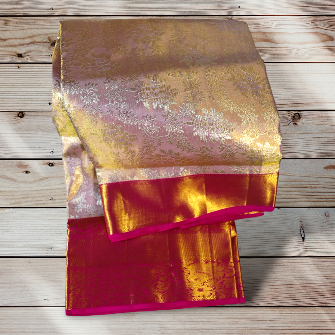 Gorgeous Pink and Gold Kanchi Silk Saree with Floral Zari Embroidery