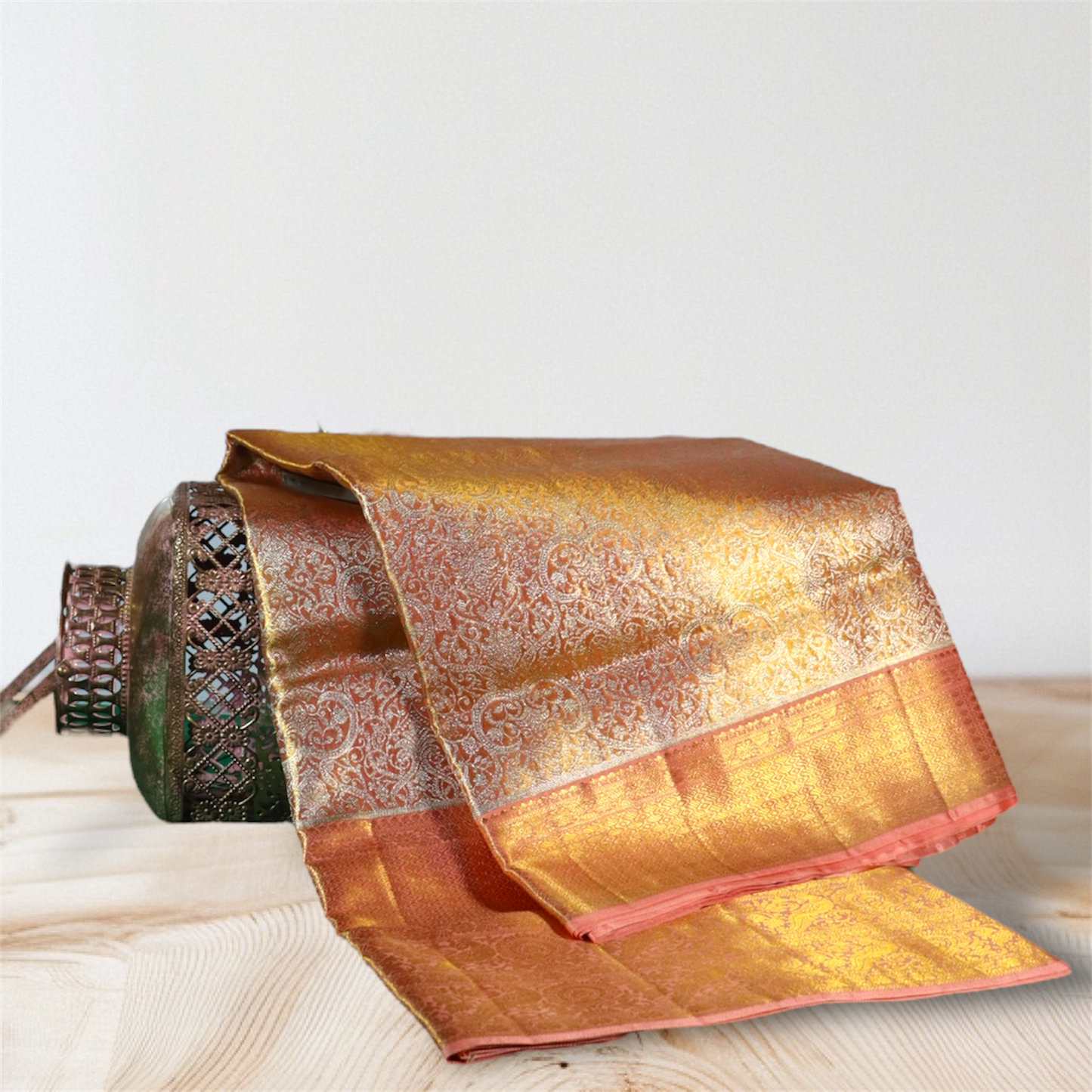 Opulent Gold and Peach Kanchi Silk Saree with Intricate Zari Detailing