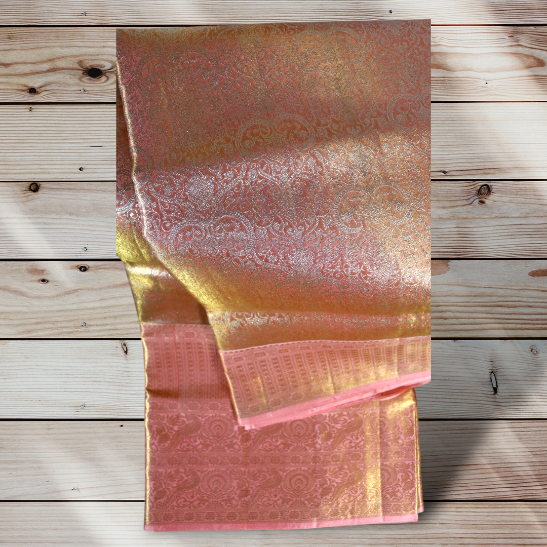 Opulent Gold and Peach Kanchi Silk Saree with Intricate Zari Detailing