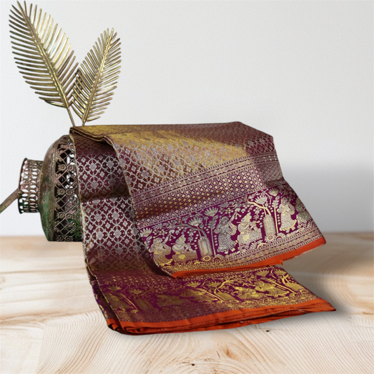 Grand Gold and Maroon Kanjeevaram Silk Saree with Banarasi Motifs