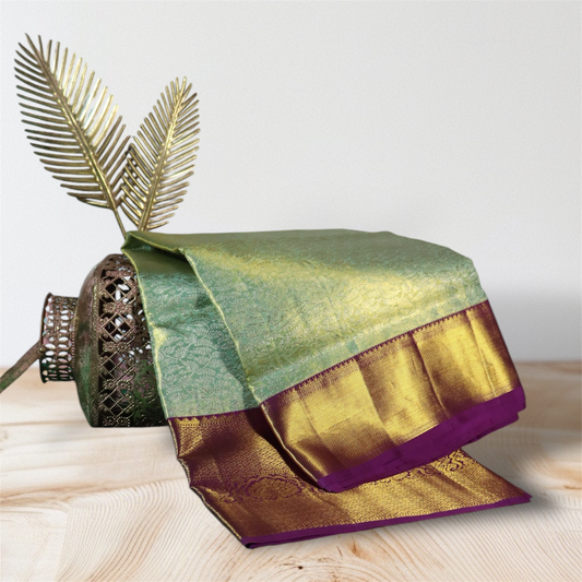 Elegant Green and Purple Kanjeevaram Saree with Rich Gold Zari Work