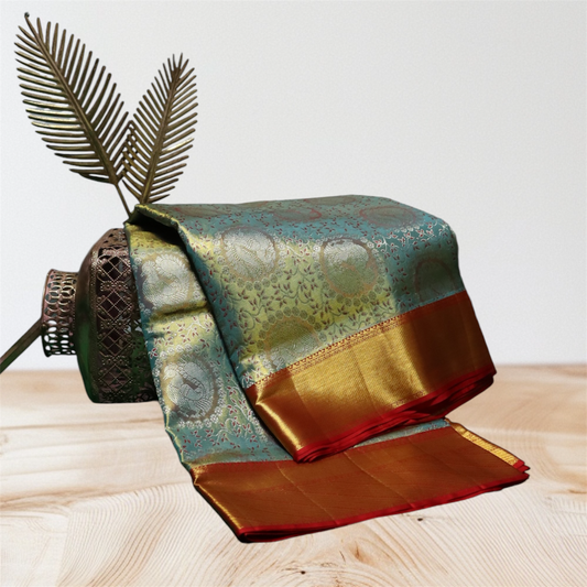 Peacock Motif Green and Gold Kanjivaram Silk Saree