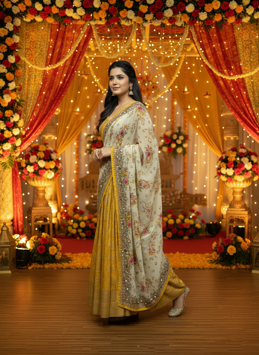 Golden Yellow Banarasi Lehenga Set with Soft Net Dupatta