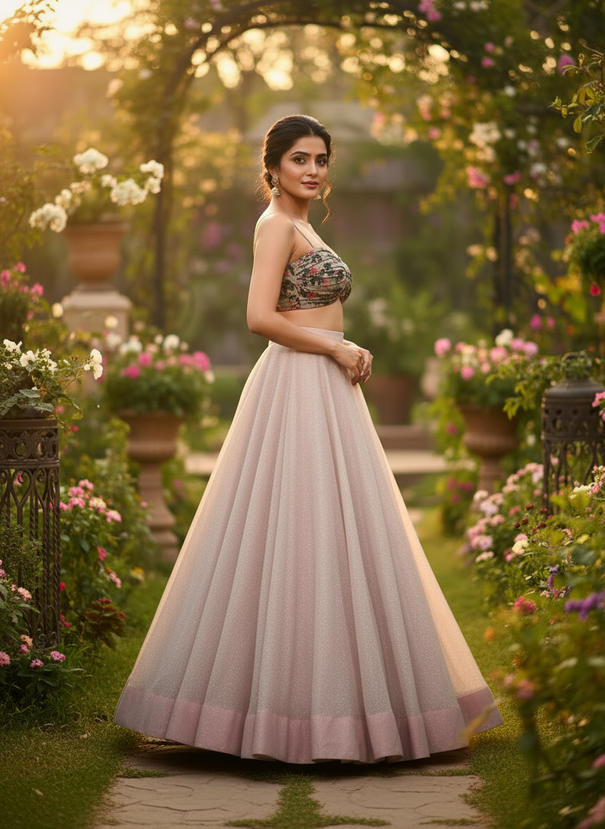 Radiant Bloom Lehenga Ensemble (Organza Crop Top and Georgette Lehenga)