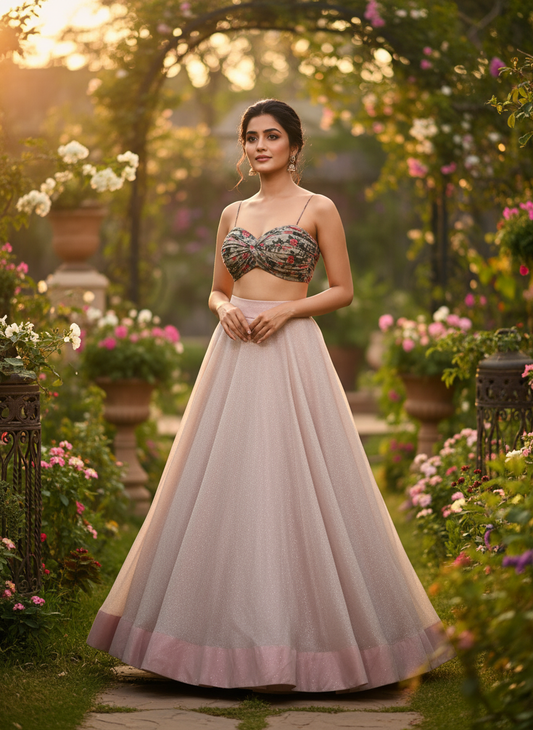 Radiant Bloom Lehenga Ensemble (Organza Crop Top and Georgette Lehenga)