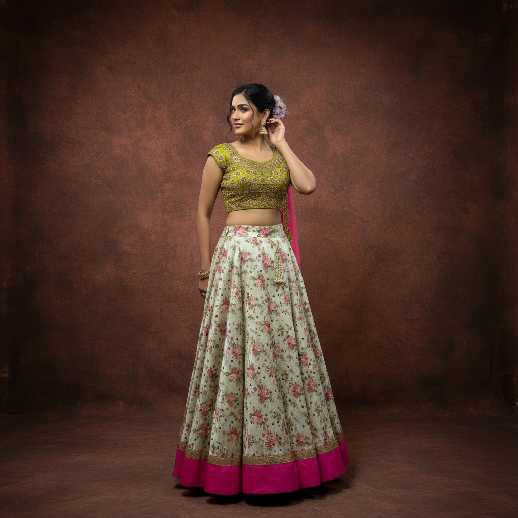 Blossom Radiance Lehenga Ensemble (Printed Tussar Silk Lehenga, Kanchi Silk Blouse, Net Dupatta) by Vinisha Rao Designer Studio
