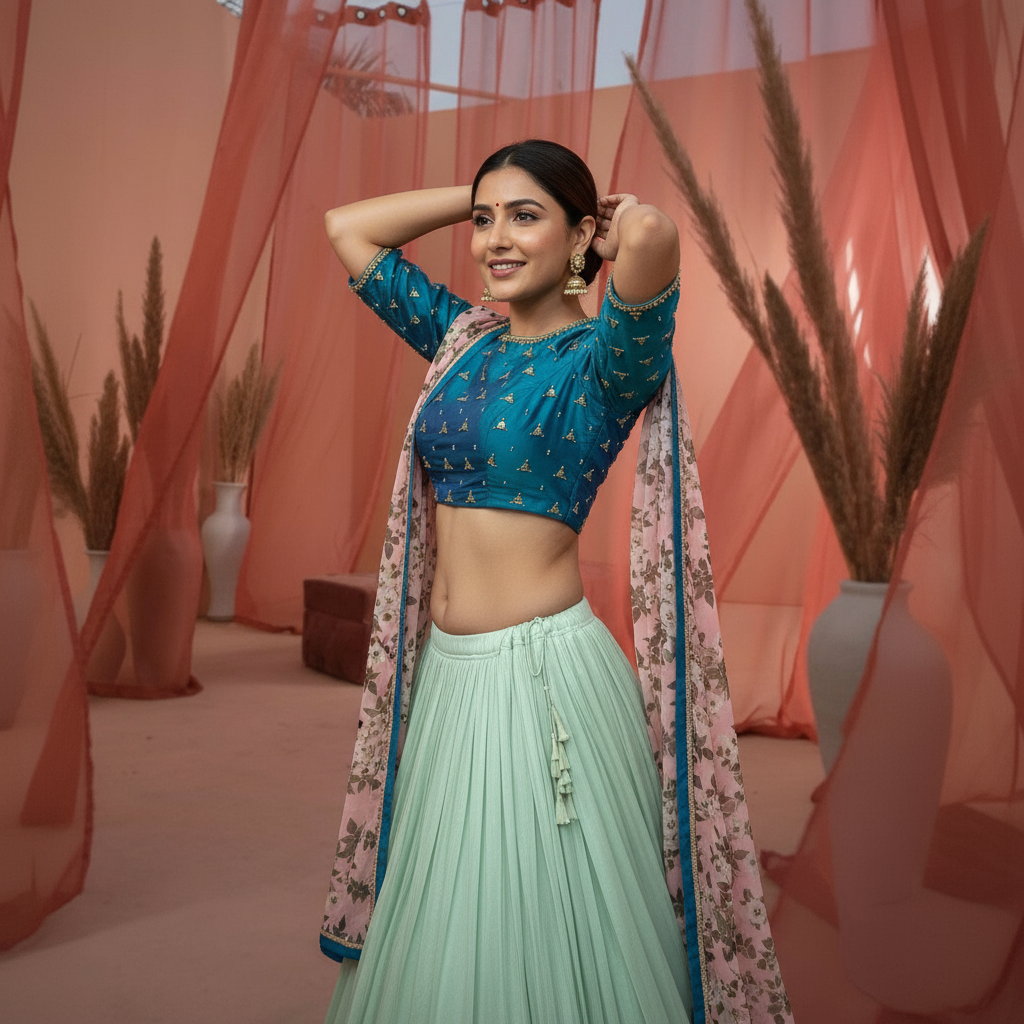 Radiant Bloom Lehenga Ensemble (Organza Crop Top and Georgette Lehenga) Vinisha Rao Designer studio