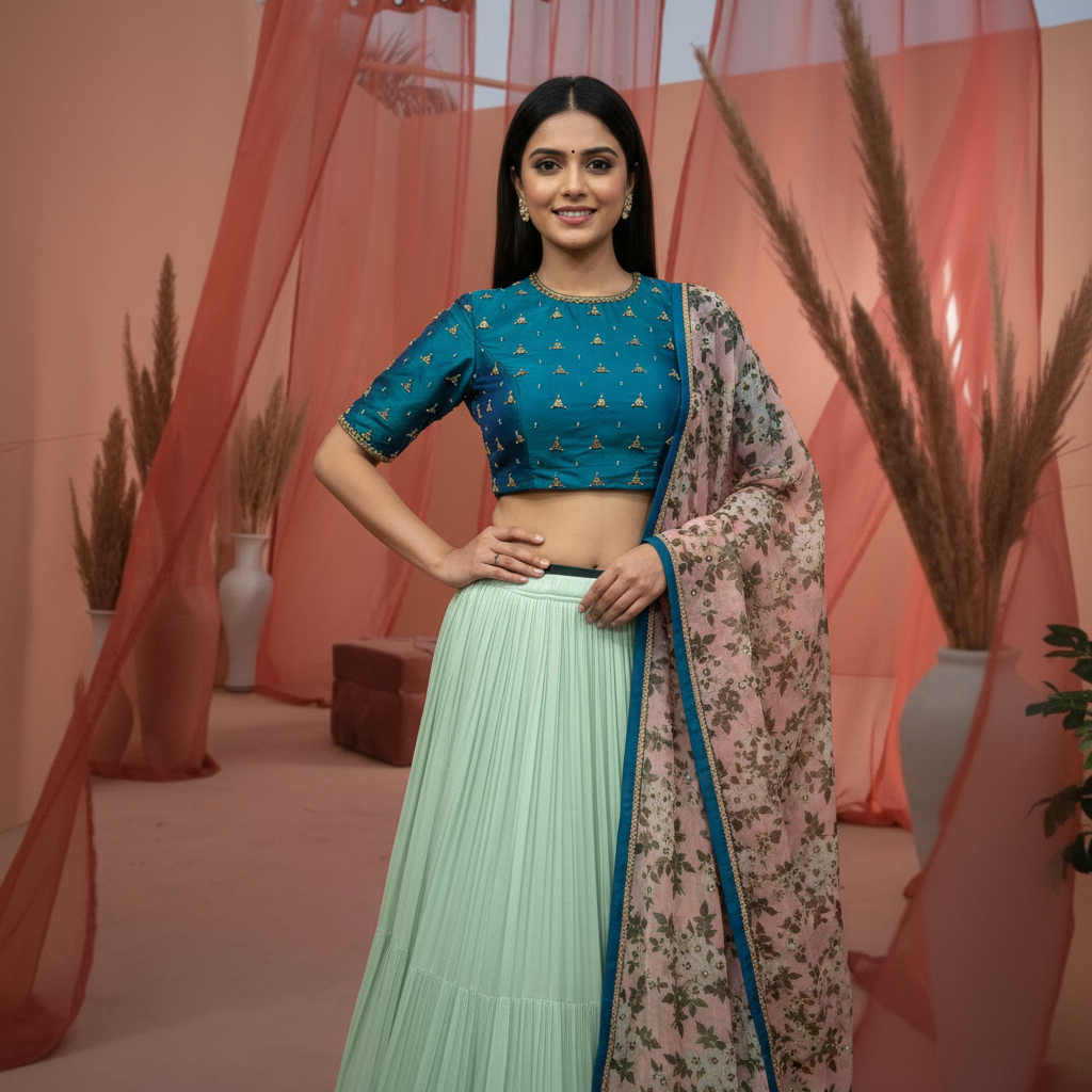 Radiant Bloom Lehenga Ensemble (Organza Crop Top and Georgette Lehenga) Vinisha Rao Designer studio