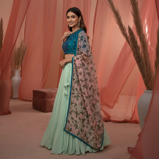 Radiant Bloom Lehenga Ensemble (Organza Crop Top and Georgette Lehenga) Vinisha Rao Designer studio