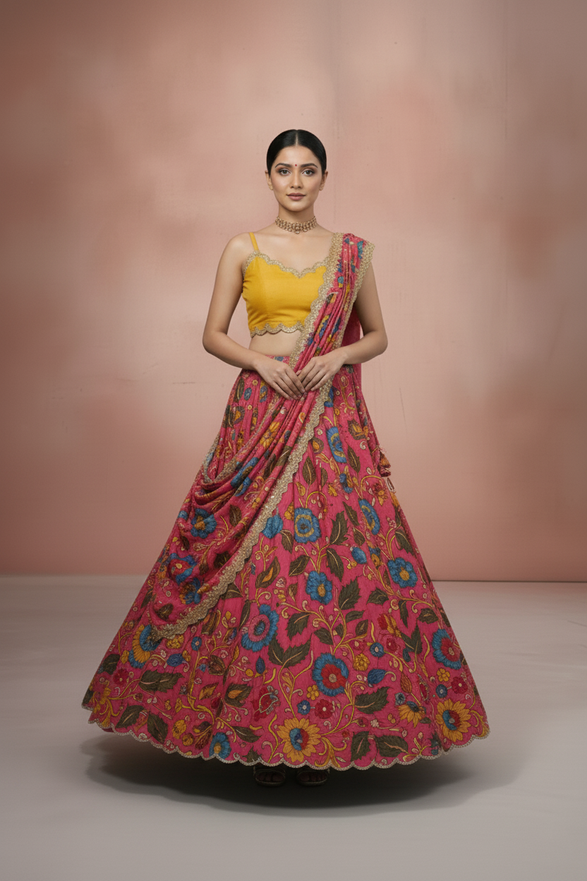Red & Yellow Kalamkari Embroidered Lehenga Set – Vinisha Rao Designer Studio