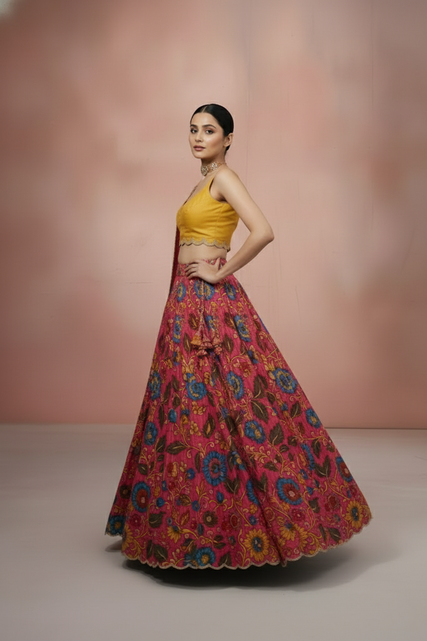 Red & Yellow Kalamkari Embroidered Lehenga Set – Vinisha Rao Designer Studio
