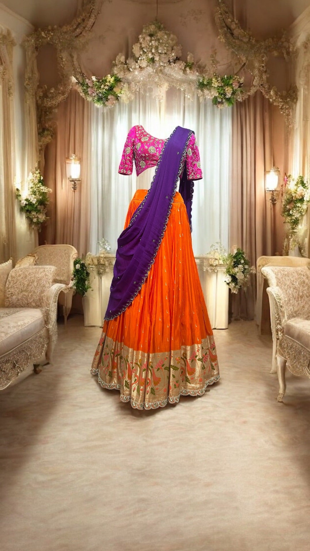 Vibrant Banaras Silk Lehenga with Embroidered Raw Silk Blouse & Chinnon Dupatta