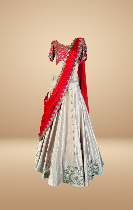 Exquisite Red and Ivory Lehenga with Detailed Embroidery